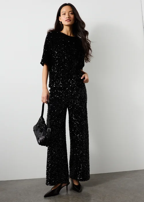 Black Sequin Wide Leg Co Ord Trousers - 20/L29 Image 3