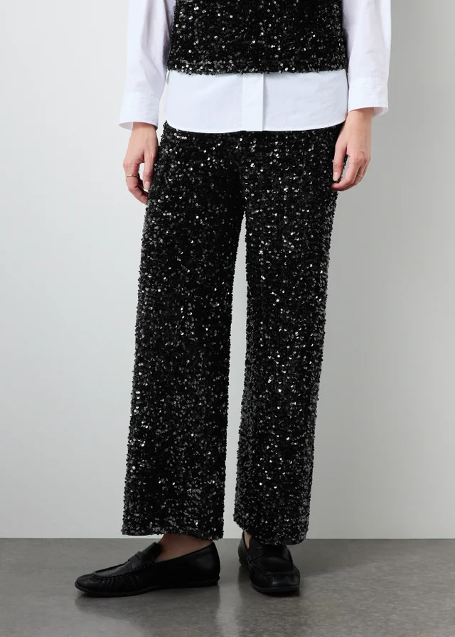 Black Sequin Wide Leg Co Ord Trousers