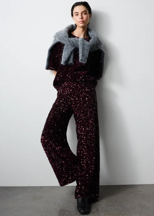 Burgundy Sequin Wide Leg Trousers - 8/L29 Image 4