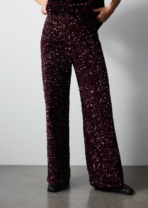 Burgundy Sequin Wide Leg Trousers - 8/L29 Image 1