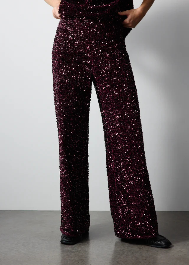 Burgundy Sequin Wide Leg Trousers