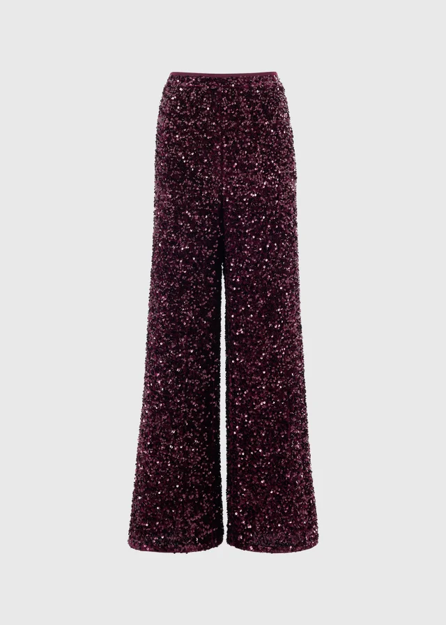 Burgundy Sequin Wide Leg Trousers