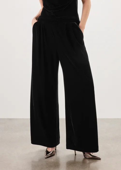 Black Pull On Velvet Wide Leg Co Ord Trousers - 8/L29 Image 1