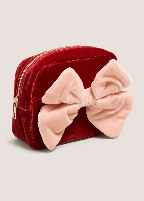 Pink Bow Embroidered Velvet Makeup Bag Image 1