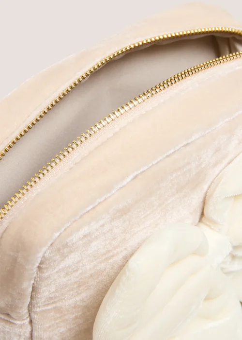 Cream Bow Embroidered Velvet Makeup Bag Image 2