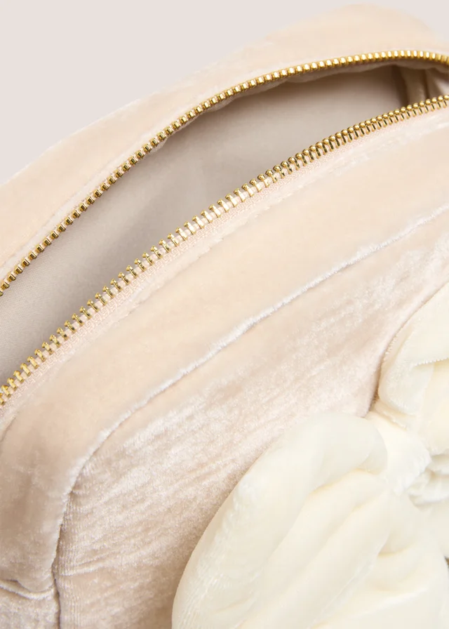 Cream Bow Embroidered Velvet Makeup Bag