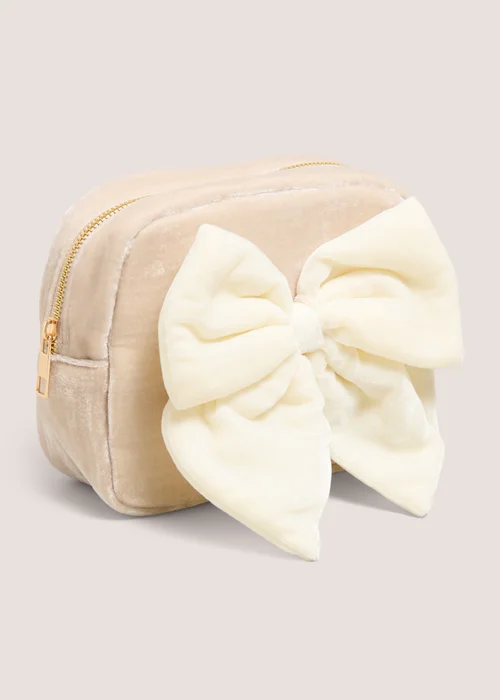 Cream Bow Embroidered Velvet Makeup Bag Image 1