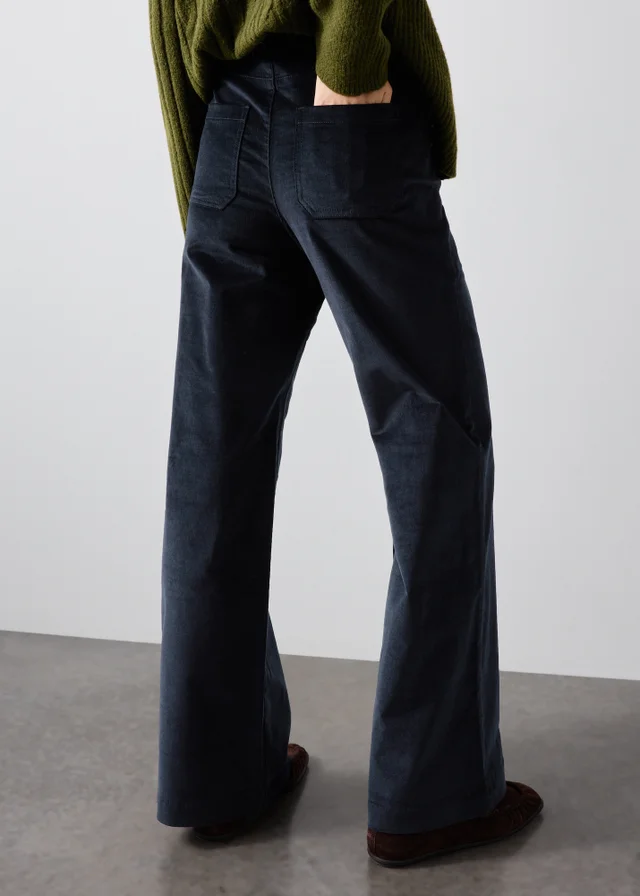 Navy Cord Wide Leg Pocket Front Trouser