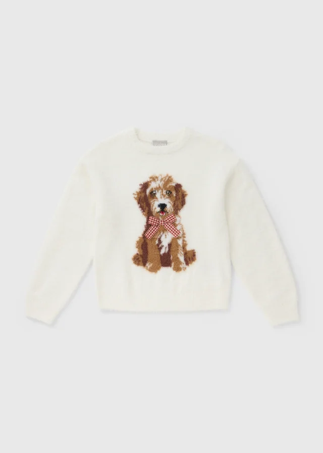 Girls Cream Knitted Dog Jumper (7-15yrs)