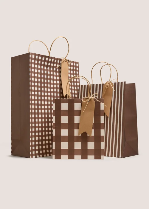 3 Pack Brown Gingham & Striped Gift Bags Image 1