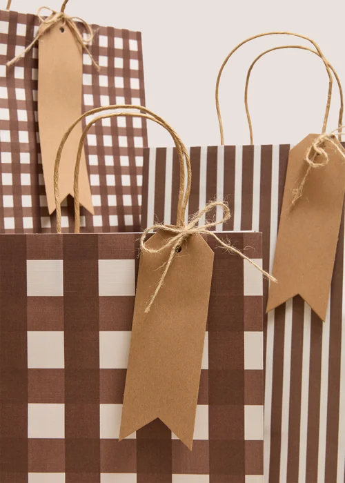 3 Pack Brown Gingham & Striped Gift Bags Image 2