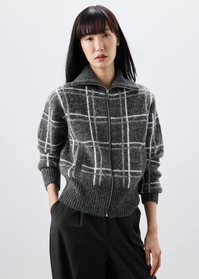 Grey Check Zip Through Cardigan