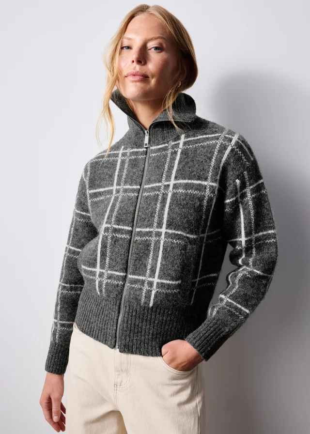 Grey Check Zip Through Cardigan