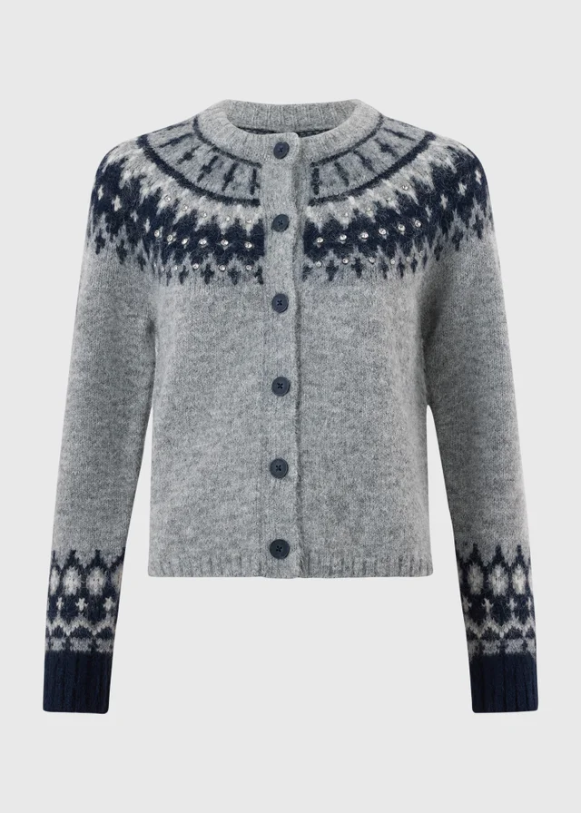 Grey Embellished Fairisle Cardigan