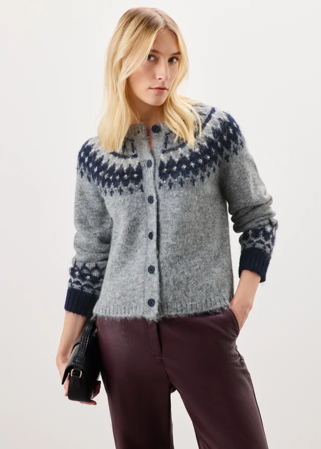 Grey Embellished Fairisle Cardigan
