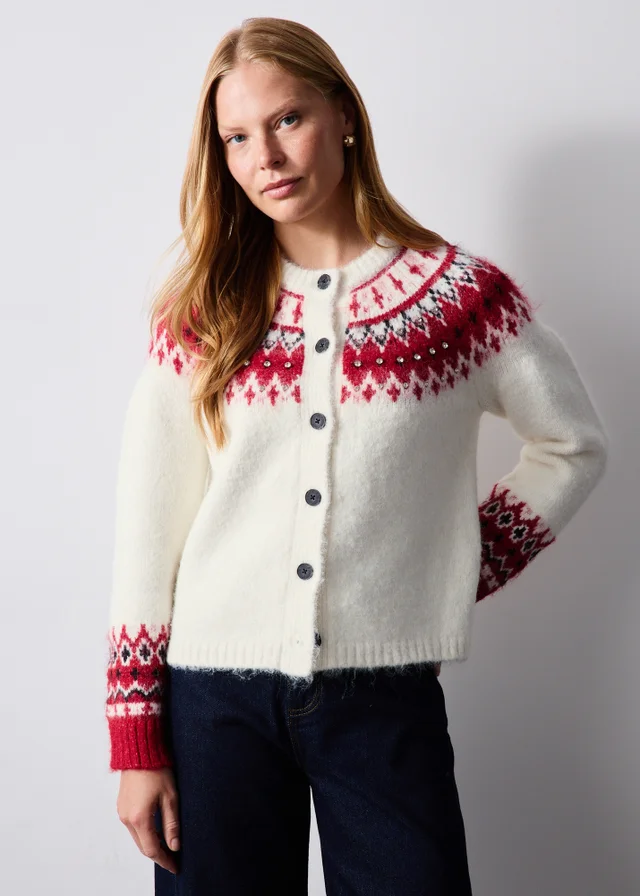 Cream Embellished Fairisle Cardigan