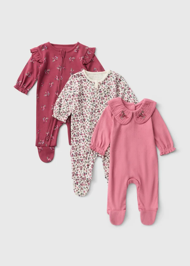 3 Pack Baby Pink Floral Sleepsuits (Newborn-18 mnths)