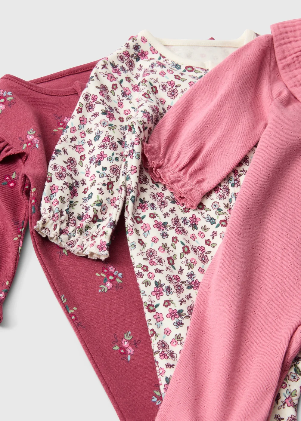 3 Pack Baby Pink Floral Sleepsuits (Newborn-18 mnths) - First Size Image 2