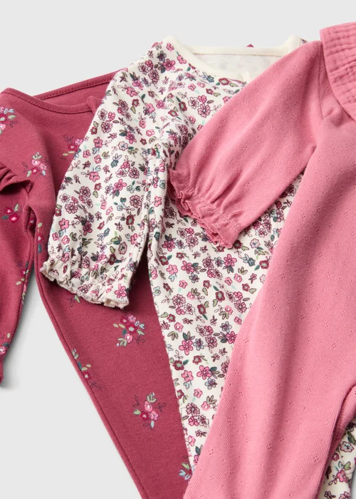 3 Pack Baby Pink Floral Sleepsuits (Newborn-18 mnths) - First Size Image 2
