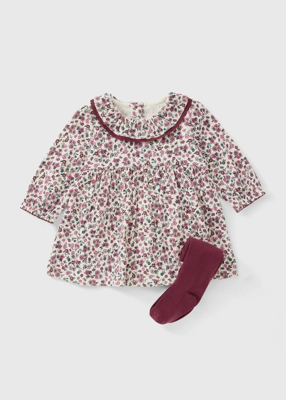 Baby Burgundy Floral Jersey Dress & Tights Set (0-18mths) - First Size Image 1