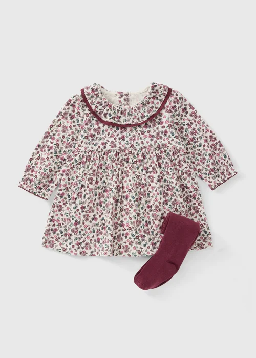 Baby Burgundy Floral Jersey Dress & Tights Set (0-18mths) - First Size Image 1