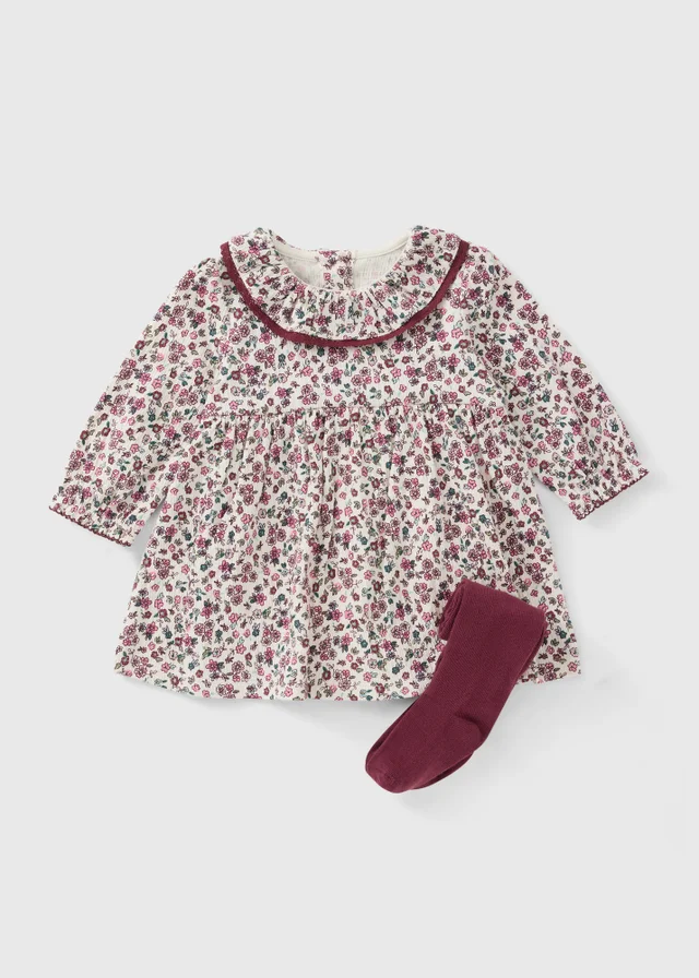 Baby Burgundy Floral Jersey Dress & Tights Set (0-18mths)