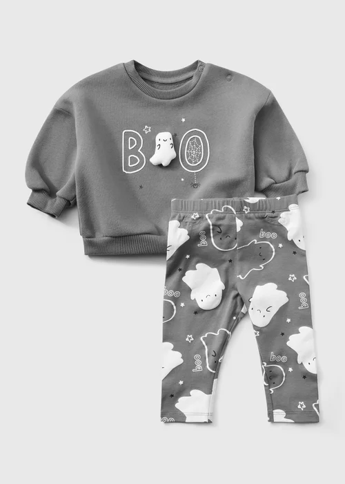 Boys Grey Halloween Ghost Sweatshirt & Leggings Set (0-23mths) - Up to 1 Month Image 1