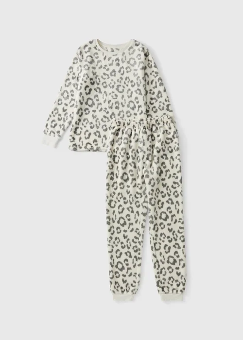 Girls Grey Leopard Print Fleece Pyjama set (1-13yrs) - 1-1.5 Yrs Image 1