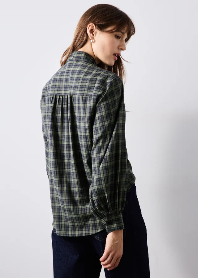 Navy Check Tie Neck Detail Shirt