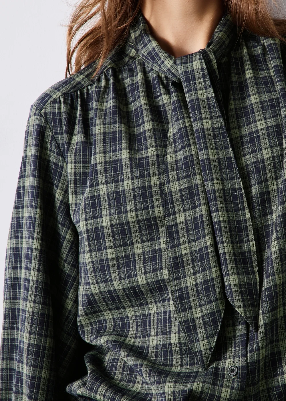 Navy Check Tie Neck Detail Shirt - 8 Image 3
