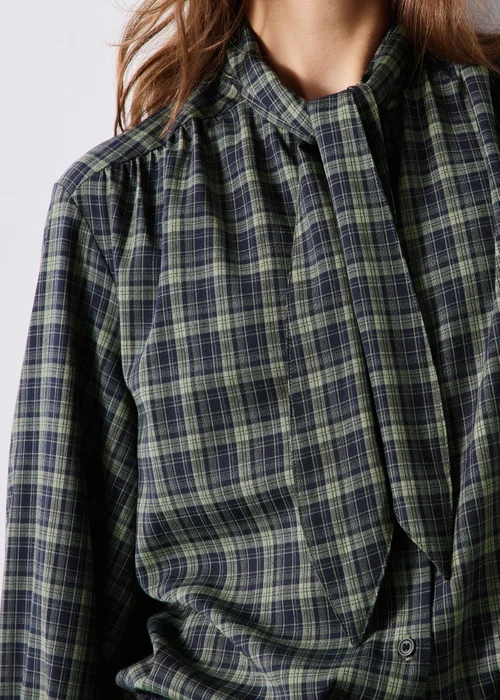 Navy Check Tie Neck Detail Shirt - 8 Image 3
