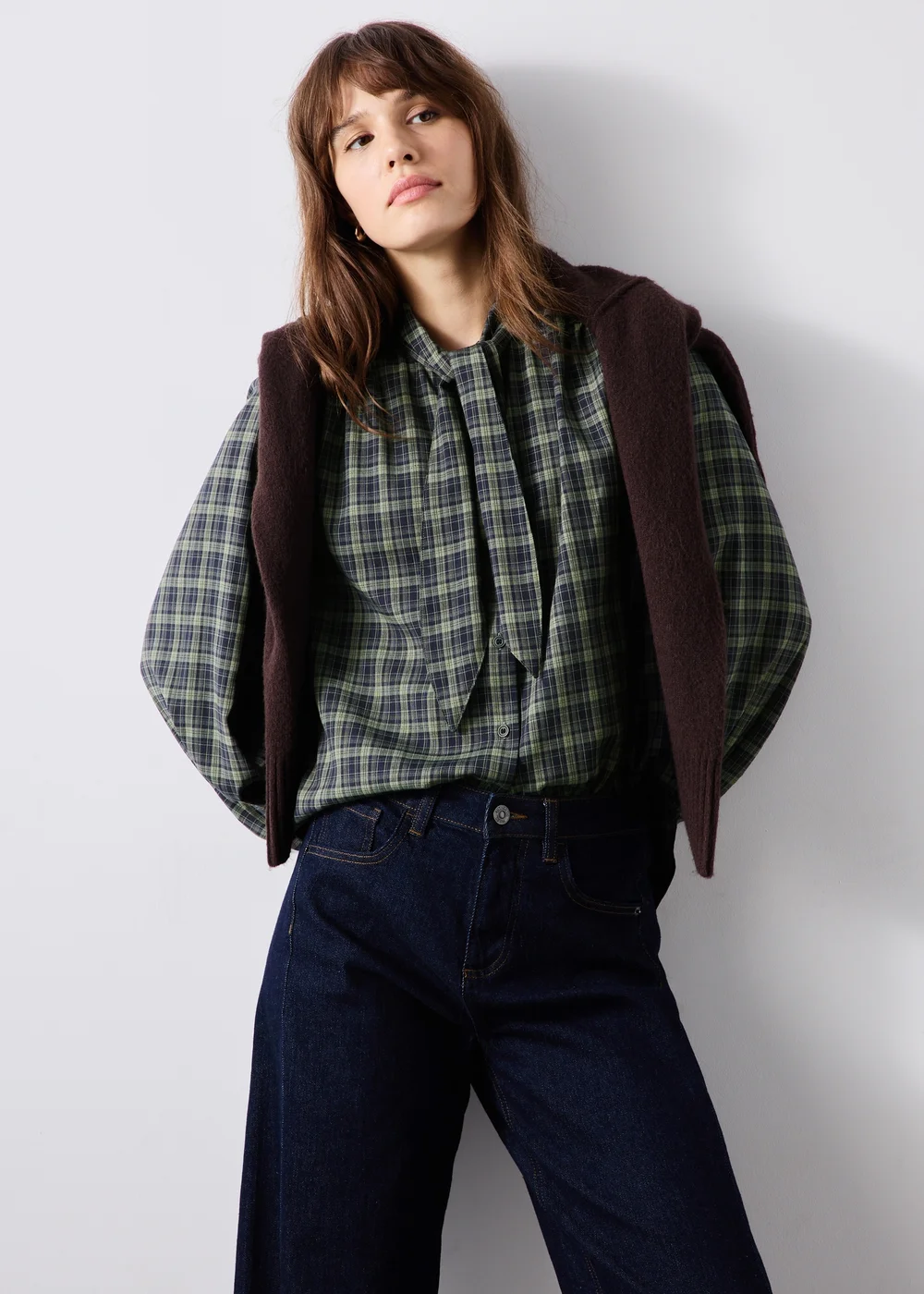 Navy Check Tie Neck Detail Shirt - 8 Image 4