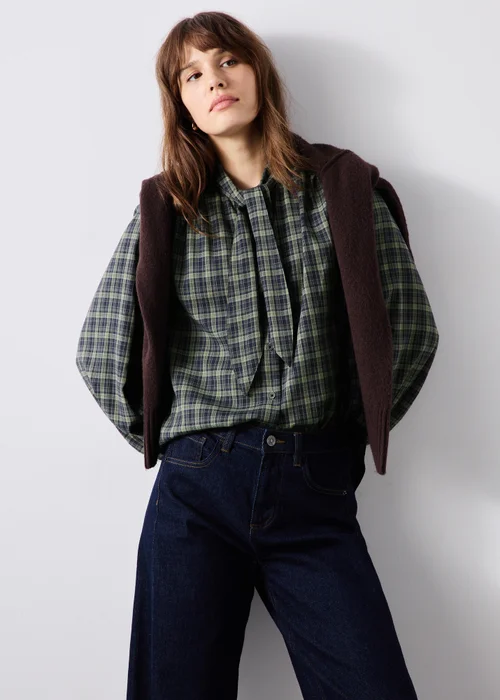 Navy Check Tie Neck Detail Shirt - 8 Image 4