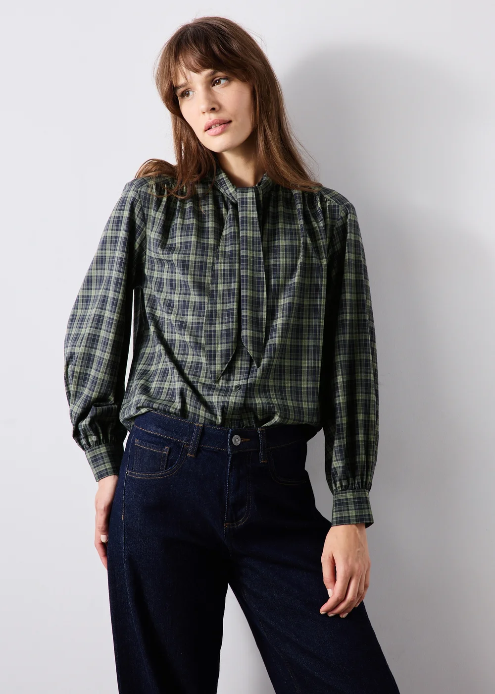 Navy Check Tie Neck Detail Shirt - 8 Image 1