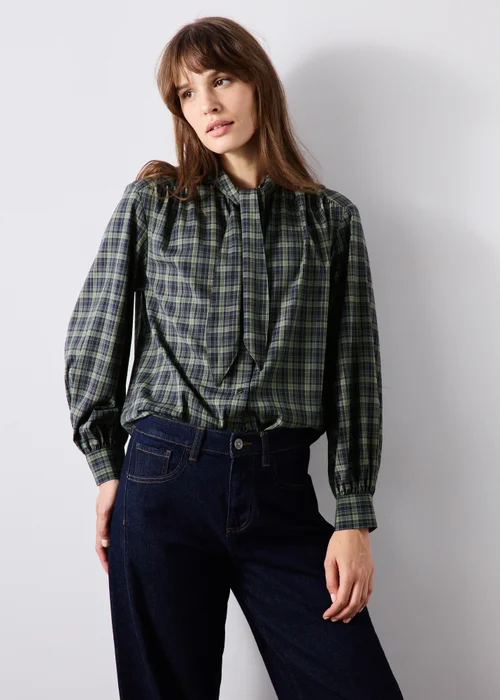 Navy Check Tie Neck Detail Shirt - 8 Image 1