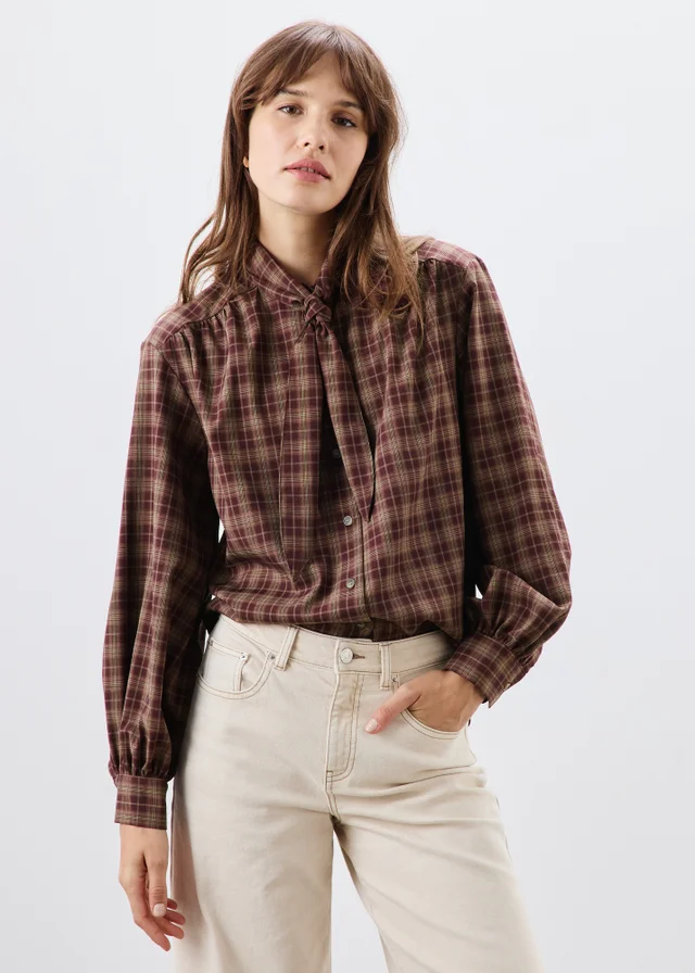Red Checked Neck Detail Shirt
