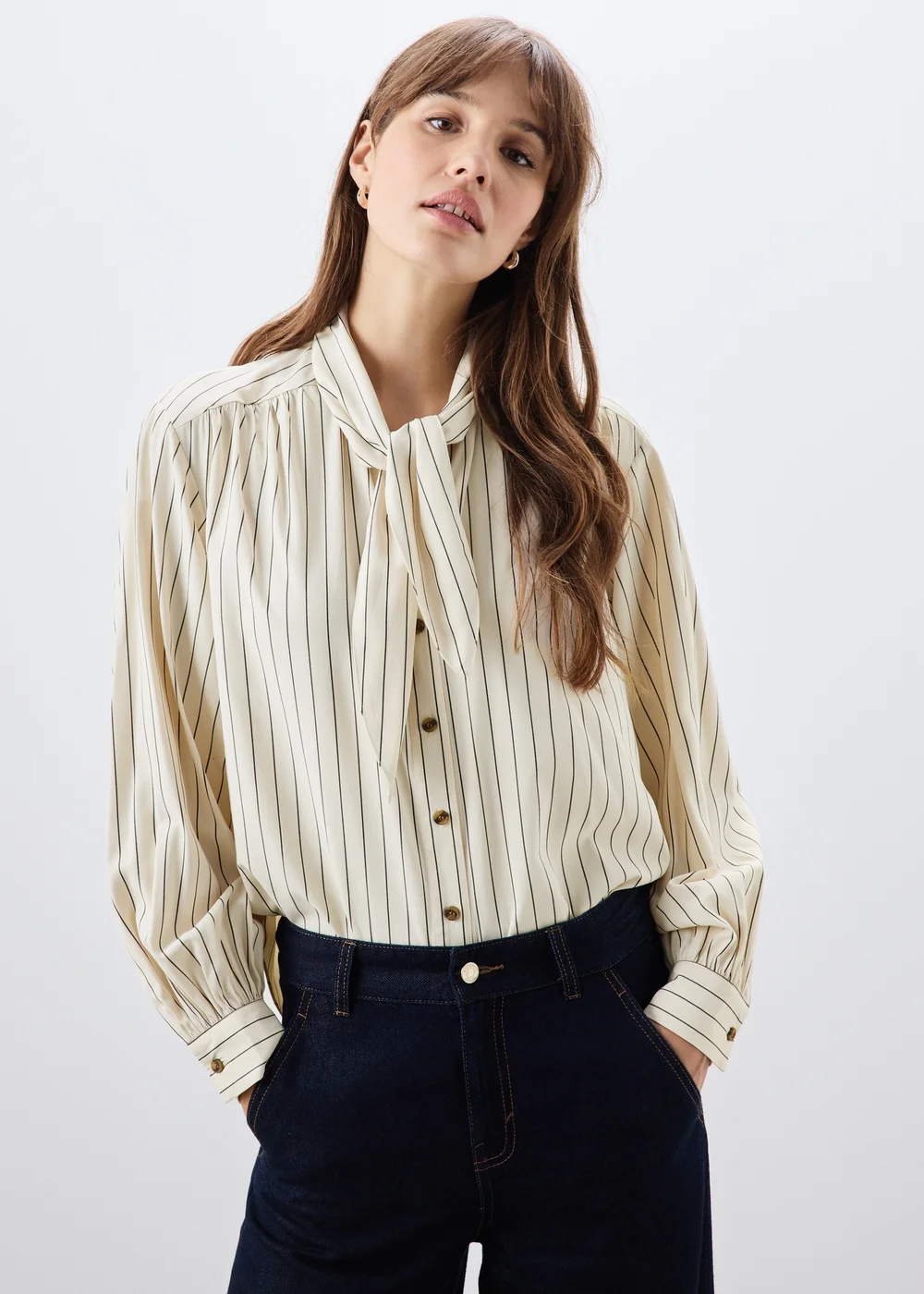Cream Stripe Neck Detail Blouse - 8 Image 1