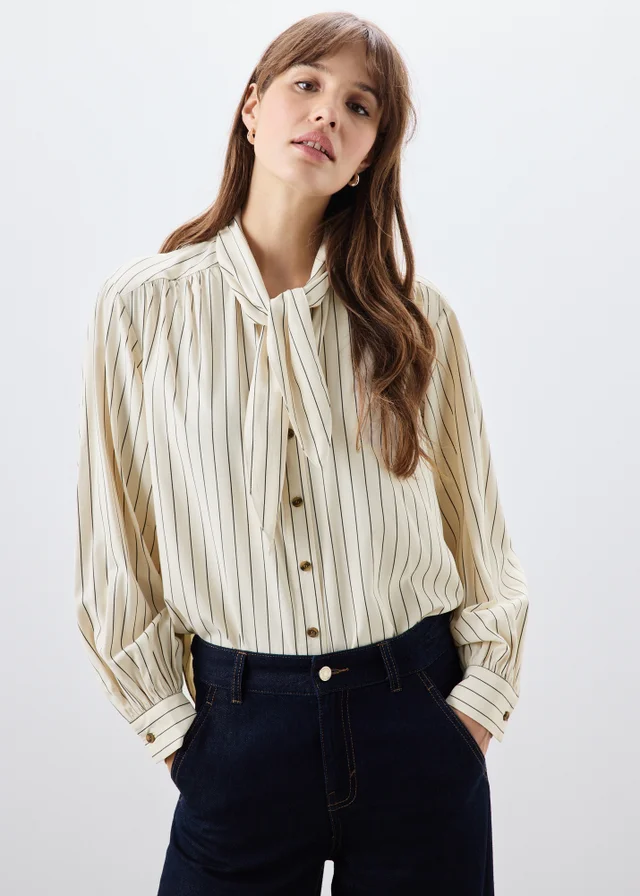 Cream Stripe Neck Detail Blouse