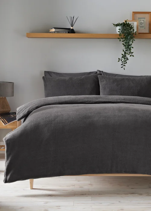 Grey Teddy Fleece Duvet Set - Single Image 1