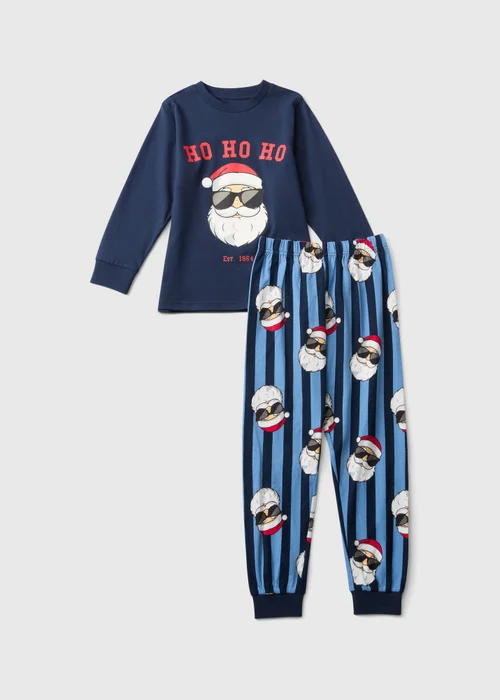 Boys Navy Striped Santa Pyjamas - 7 Yrs Image 1