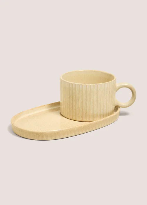 Cream Ribbed Soup Bowl & Plate Image 1