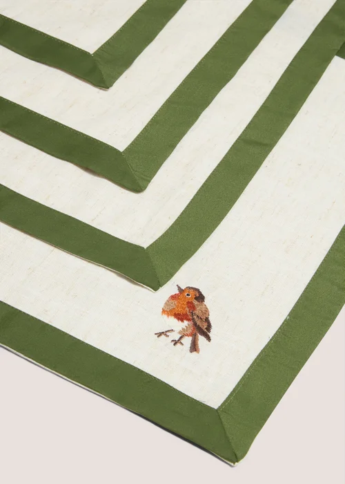 Green Border Robin Embroidered Napkin Set Image 2