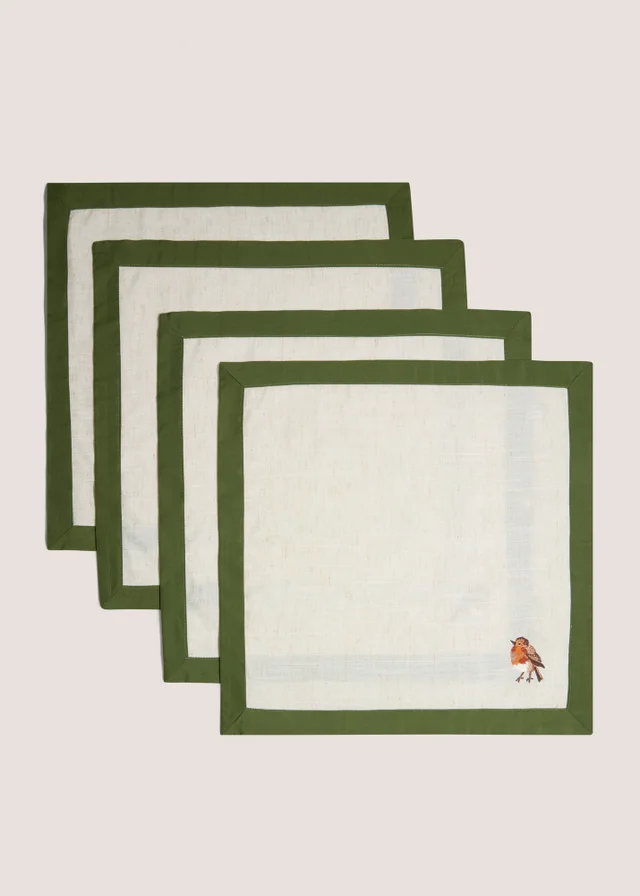 Green Border Robin Embroidered Napkin Set