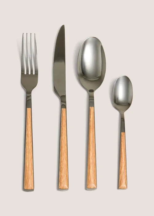 16 Pack Wood Effect Cutlery Set Image 1