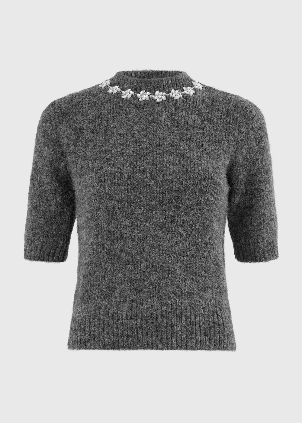 Charcoal Grey Embellished Fluffy Jumper - 8 Image 5
