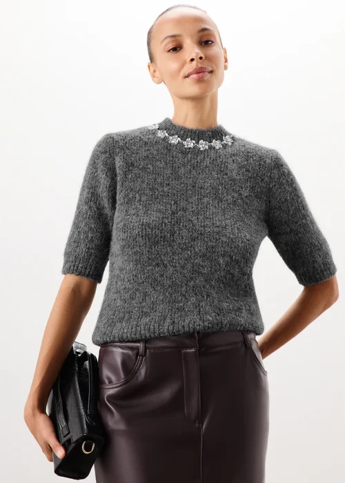 Charcoal Grey Embellished Fluffy Jumper - 8 Image 1