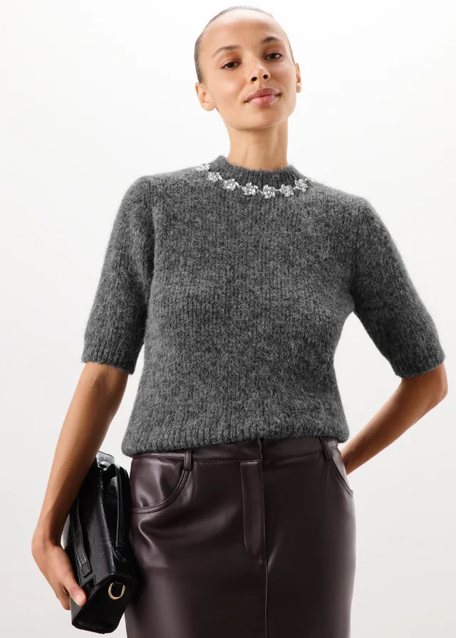 Charcoal Grey Embellished Fluffy Jumper
