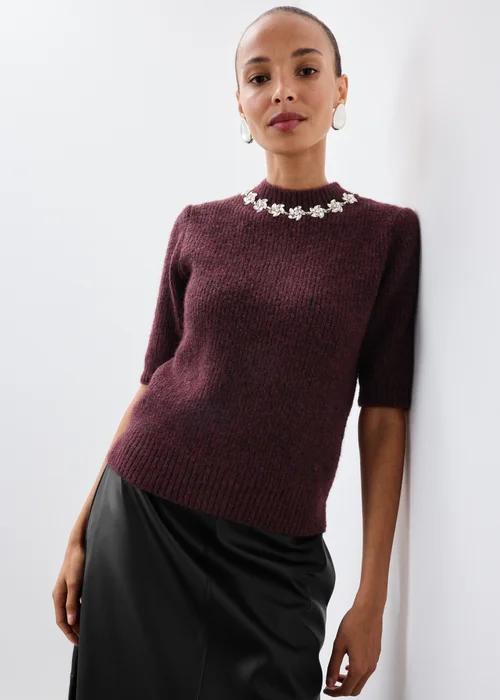 Burgundy Embellished Fluffy Jumper - 8 Image 1