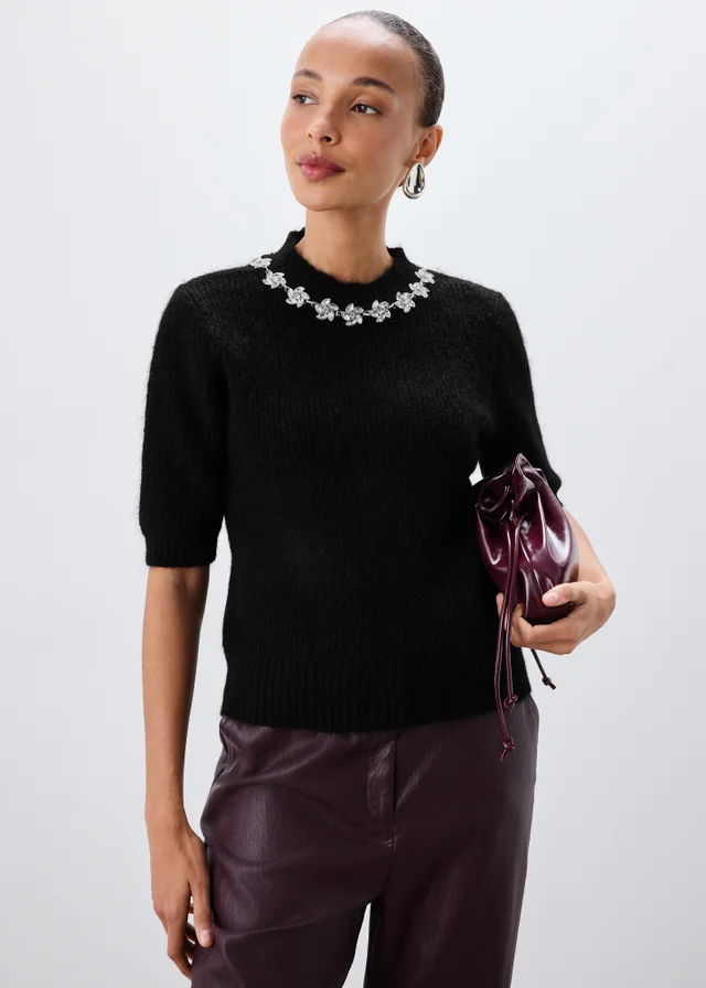 Black Embellished Fluffy Jumper
