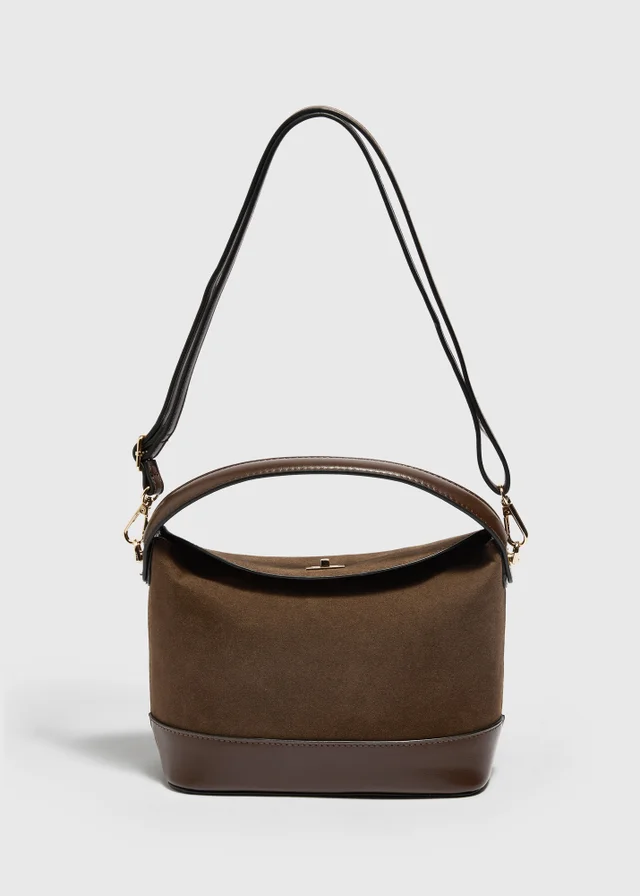Brown Suede Twist Lock Crossbody Bag